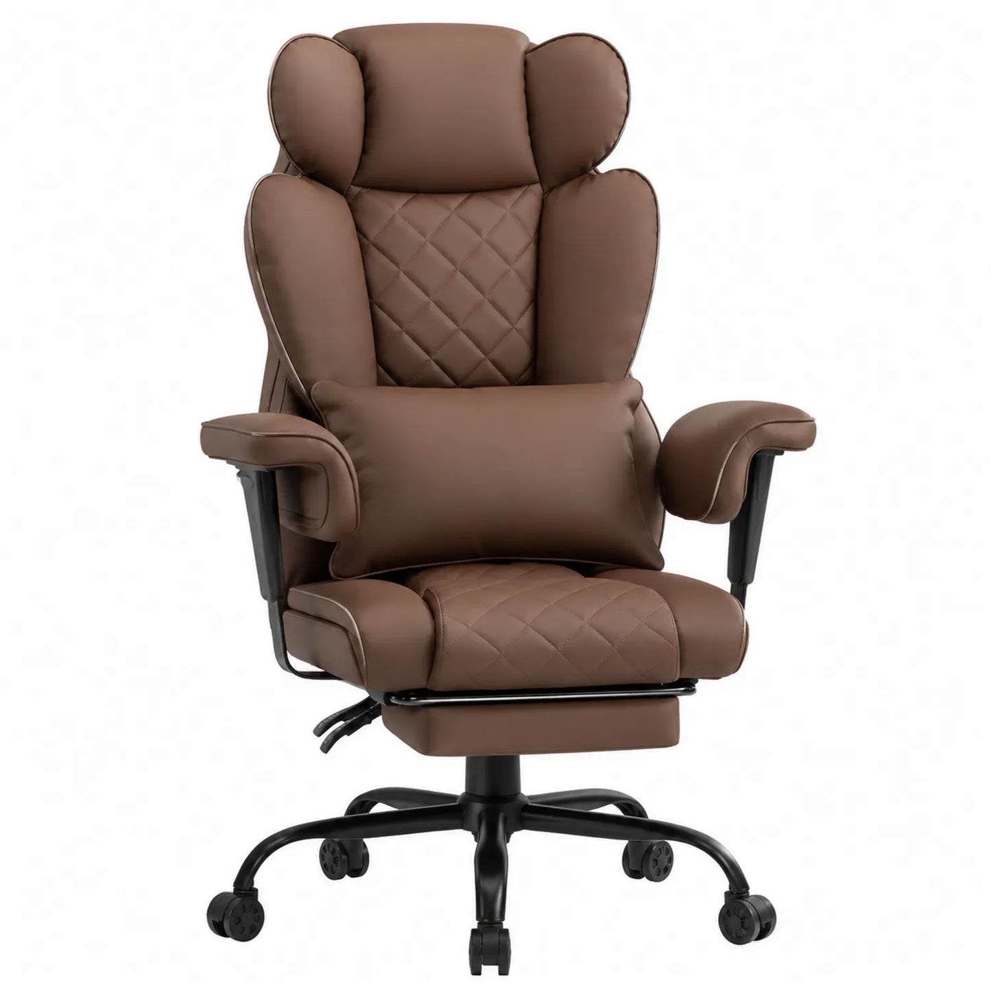 Sedia ergonomica in pelle PU marrone con schienale alto e poggiapiedi