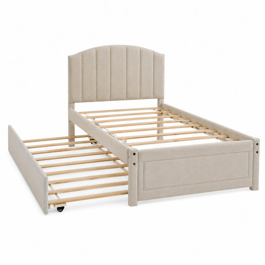 Letto Singolo in Legno e Tessuto Beige con Letto Estraibile