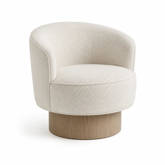 Poltrona girevole in tessuto bouclé avorio base legno
