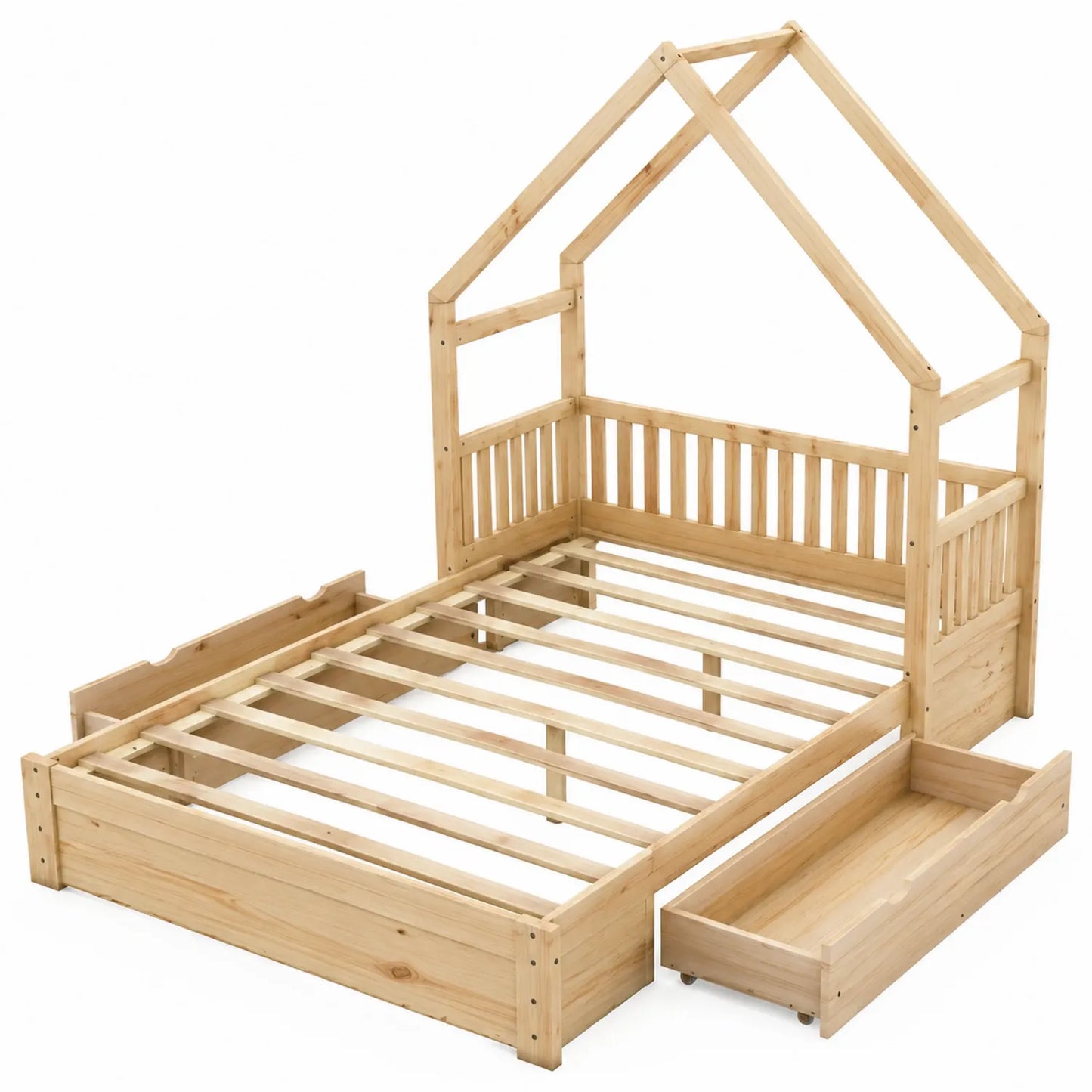Letto in legno di pino naturale con tetto a casetta e cassetti