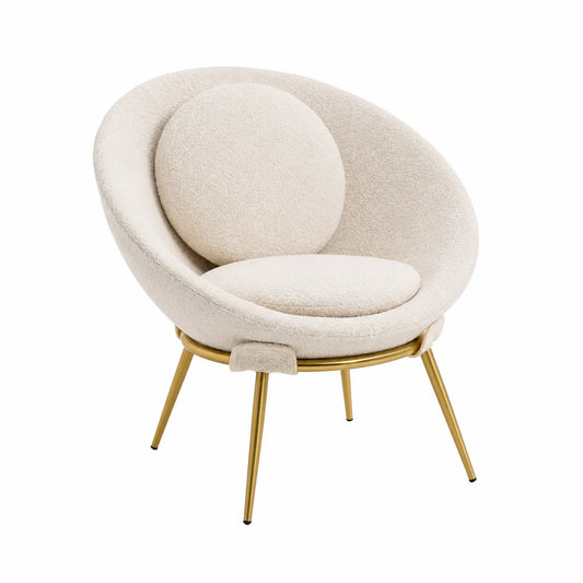 Poltrona in Tessuto Bouclé Beige con Base in Metallo Dorato