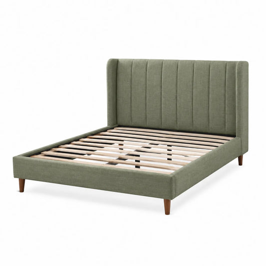 Letto matrimoniale in tessuto con testiera imbottita e gambe in legno 200x160 cm