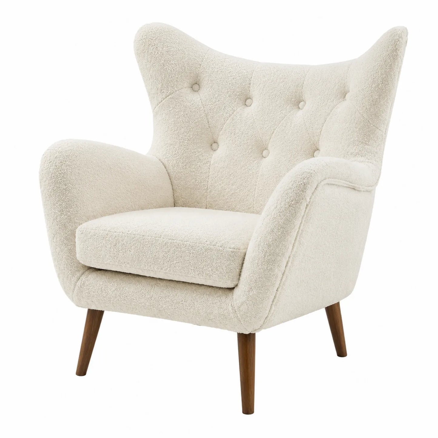 Poltrona in Tessuto Bouclé Crema con Gambe in Legno