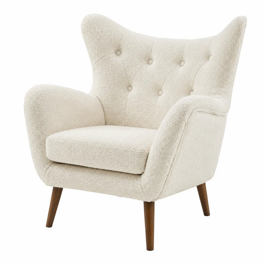 Poltrona in Tessuto Bouclé Crema con Gambe in Legno