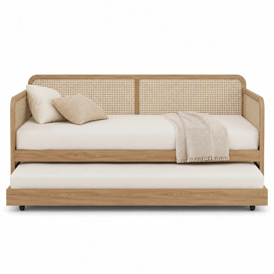 Divano Letto in Legno e Rattan con Letto Estraibile 200x90x80 cm