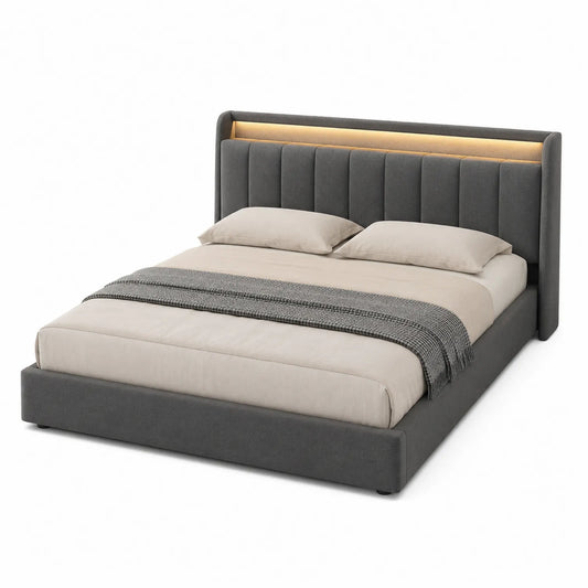 Letto matrimoniale in tessuto con testiera imbottita e luci LED, dimensioni 160x200 cm