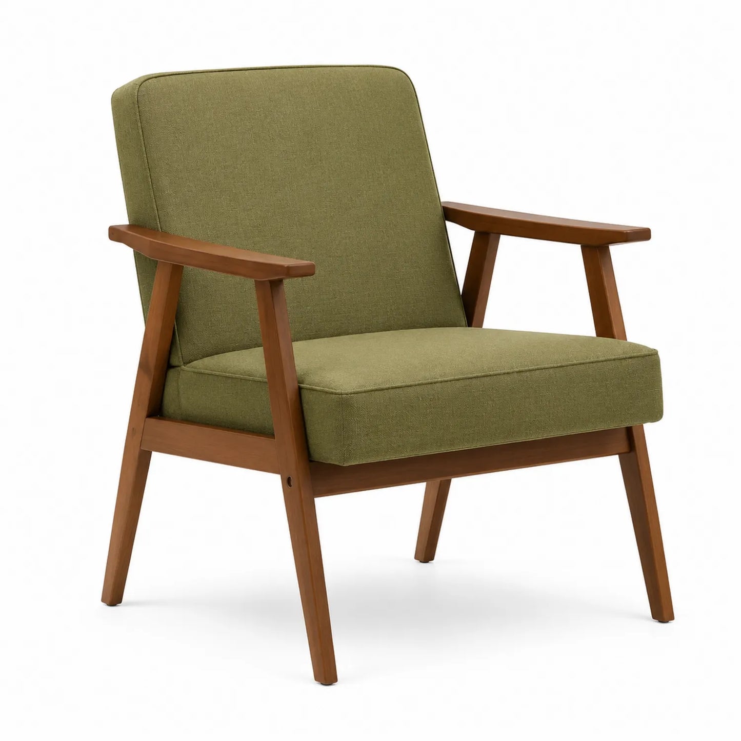 Poltrona in tessuto verde con struttura in legno