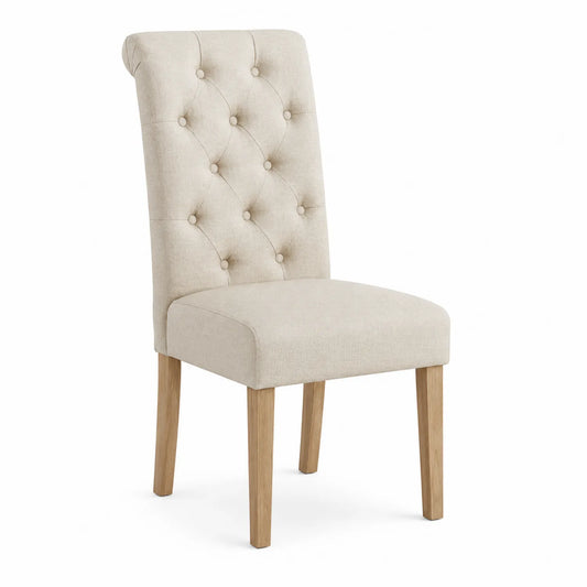 Sedia da pranzo in tessuto di lino con gambe in legno di quercia, Beige, 45x55x95 cm